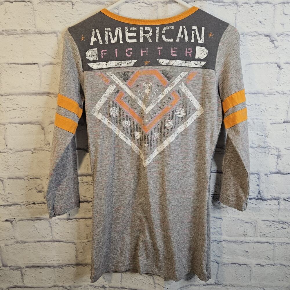 American Fighter T Shirt Women's Small Gray Pink Heather 3/4 Sleeve V Neck - Picture 3 of 4